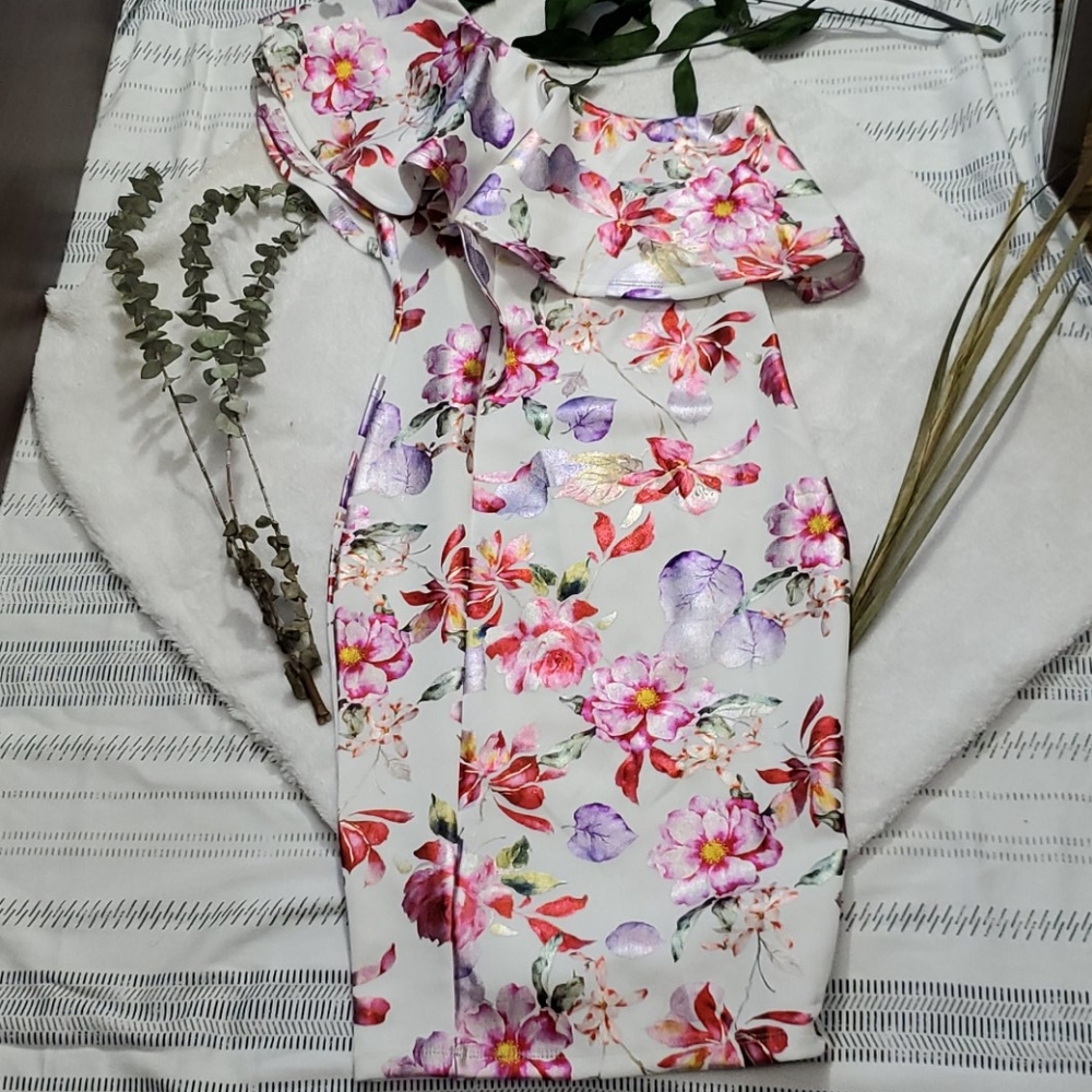 FLOWER PRINT ONE SHOULDER RUFFLE MIDI DRESS